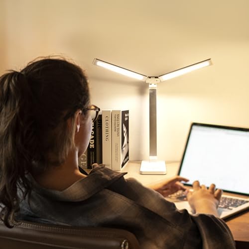 LAOPAO LED Desk Lamp, Dual Head Desk Light, 5 Levels Dimmable & 3 Color Modes Eye-Caring Table Light with USB Charging Port, Table Lamp for Reading, Studying, Home Office,White - color: White1