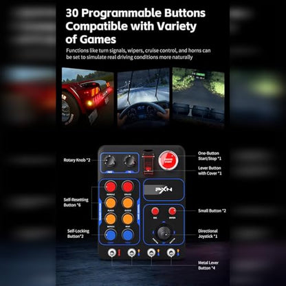PXN CB1 Racing Button Box USB PC Racing Simulator Center Control Button Box | Multifunctional PC Sim Instrument Control Button Box for Windows PC, With 30 Programmable Buttons and Adjustable RGB Lighting