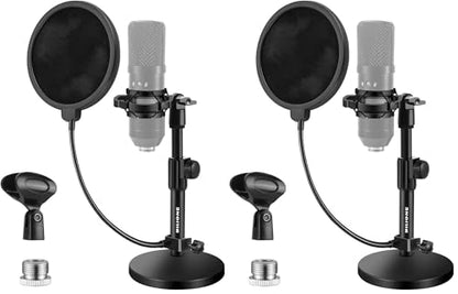 Multifunctional Desktop Microphone Stand, Adjustable Mic Stand Desk with Pop Filter, Shock Mount, Microphone Clip, 5/8" to 3/8" Metal Screw Adapter (Pack of 2) - size: Round Base (Pack of 2)