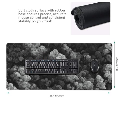 Japanese Cloud Desk Mat, Extended Gaming Mouse Pad, XL Size 35.4 x 15.7 inches, Black and Gray, Non-Slip Base - color: Auspicious Cloud