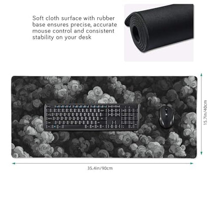 Japanese Cloud Desk Mat, Extended Gaming Mouse Pad, XL Size 35.4 x 15.7 inches, Black and Gray, Non-Slip Base - color: Auspicious Cloud