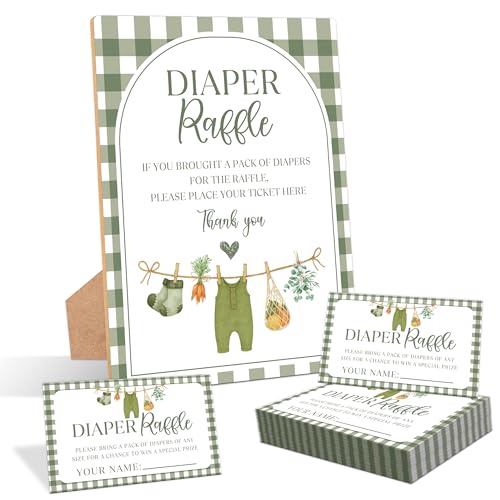 Locally Grown Baby Shower Diaper Raffle, Pack of 1 Wooden Tabletop Sign with Stand and 50 Diaper Raffle Tickets, Farmers Market Baby Shower Game, Gender Reveal Party Decorations - FS06 - color: Green-2, size: Green