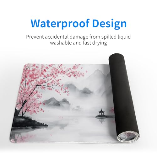 Pagoda Mouse Pad 31.5x11.8 Inch White Full Desk Japanese Mousepad Extended Large Non-Slip Rubber Base Waterproof Big Keyboard Mat with Stitched Edges for Gaming and Office - color: Pagoda