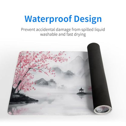 Pagoda Mouse Pad 31.5x11.8 Inch White Full Desk Japanese Mousepad Extended Large Non-Slip Rubber Base Waterproof Big Keyboard Mat with Stitched Edges for Gaming and Office - color: Pagoda