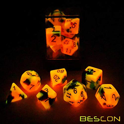 Bescon Two-Tone Glow-in-the-Dark Polyhedral Dice Set HOT Rocks, Luminous RPG Dice Set d4 d6 d8 d10 d12 d20 d% Brick Box Pack - color: Hot Rocks