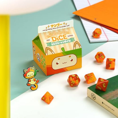 1985 Games Mango Milk Carton Dice Set – Milk Carton-Inspired Dice for DND | TTRPGs & Tabletop Roleplaying - color: Mango