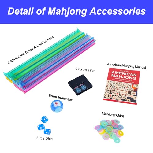 American Mahjong Game Set, 166 Black Tiles (1.2”), 4 All-in-One Color Rack/Pushers & Drawstring Bag, Complete Mahjong Set with Black Carrying Bag and Mahjong Tiles Set Accessories - color: Black
