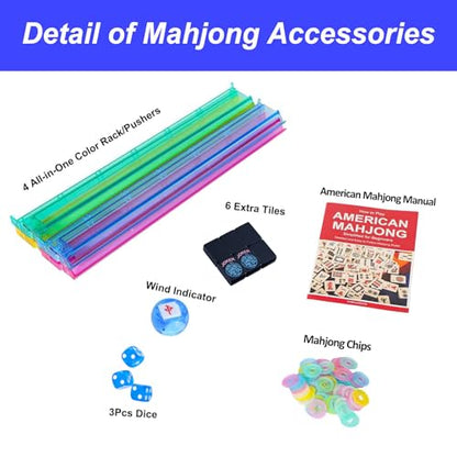 American Mahjong Game Set, 166 Black Tiles (1.2”), 4 All-in-One Color Rack/Pushers & Drawstring Bag, Complete Mahjong Set with Black Carrying Bag and Mahjong Tiles Set Accessories - color: Black