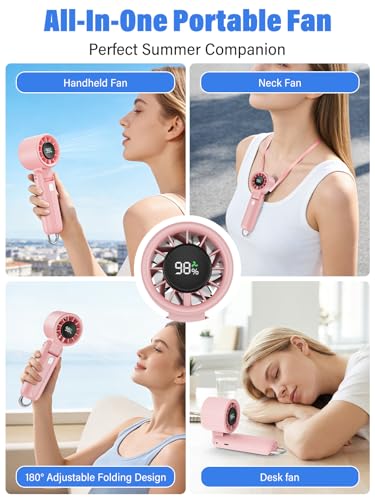 AI Handheld Fan Turbo, 100-Speed Portable Fan Rechargeable, Mini Fan with 12800 RPM Strong Airflow, Foldable 4-in-1 Personal Fan for Travel, Camping, Beach & Office, USB-C & Lightweight & Quiet - color: Pink