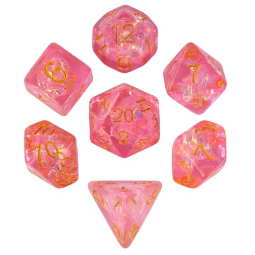 UDIXI DND Dice Set Pink Polyhedral Dice Set Sparkling Inclusions for D&D | Resin Material, Velvet Storage Bag, DM Gift, for Dungeons and Dragons Role Playing Games Tabletop Games - color: Pink