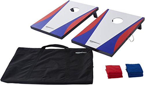 Amazon Basics Portable Cornhole Set, Outdoor Game Bean Bag Toss with Carrying Case, Blue/Red