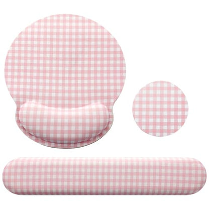 Tellegloww Wrist Rest Support for Mouse Pad&Keyboard Set, Pink Gingham Checkered Circle Curved Ergonomic Mousepad&Coaster Non-Slip Base Design for Office Home Laptop Desktop Computer Keyboard - color: Pink