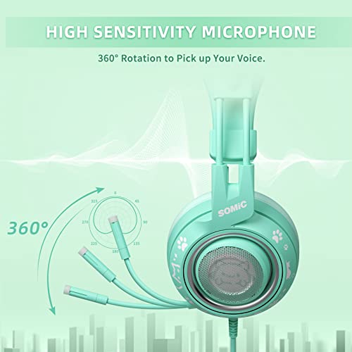 SOMIC G951S Green Gaming Headset with Microphone for PS4, PS5, Xbox One, PC, Cat Ear Headphones Over Ear with in-Line Mic Control, Stereo Sound for Girls, Woman - color: Green