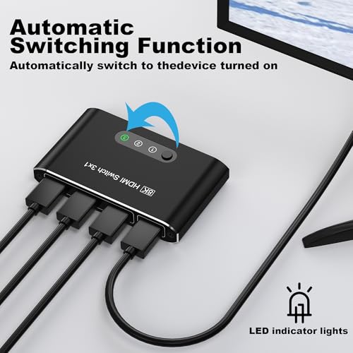 HDMI 2.1 Switch 3 in 1 Out,8K HDMI Splitter Switcher,Supports 4K@120Hz,8K@60Hz, 48Gbps Ultra HD HDMI Box, Aluminum Shell, Compatible with PS4/PS5, Xbox, Fire Stick, Apple TV, Roku, HD TV. - color: 8KBlack