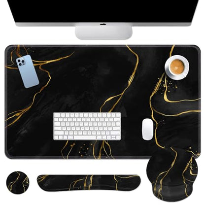 Britimes Black Gold Marble Keyboard Mouse Pad Set 4in1 Large Mousepad+Keyboard Wrist Rest+Mouse Wrist Rest+Coaster Ergonomic Design for Home Office Computer 35.4x15.7 inches - color: Black Gold Marble