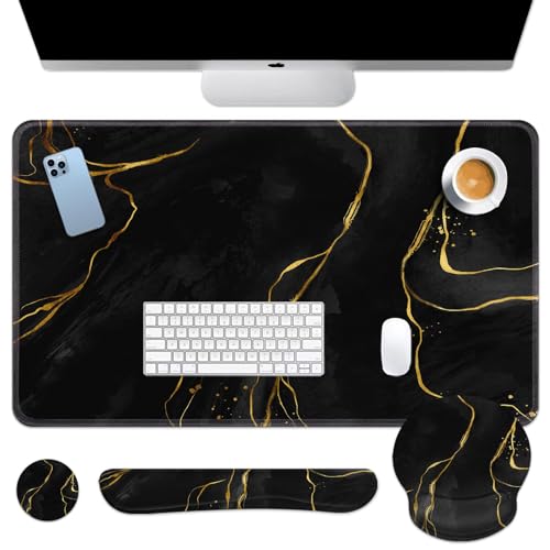 Britimes Black Gold Marble Keyboard Mouse Pad Set 4in1 Large Mousepad+Keyboard Wrist Rest+Mouse Wrist Rest+Coaster Ergonomic Design for Home Office Computer 35.4x15.7 inches - color: Black Gold Marble