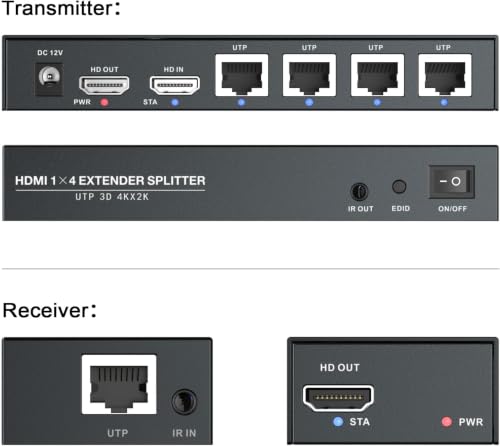 4K @60Hz HDMI Extender Splitter 1x4 Video by CAT5 CAT6 CAT7 Ethernet Cable | Extend 196ft, with IR, Support HDR10-Loop Out-Poc, Work with large UHD TVs, for Church, Classroom, Sports Events - size: 1x4 4K60Hz 196ft