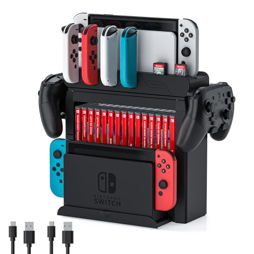 Switch Game Storage with Controller Charger for Nintendo Switch & OLED Model, Switch Charging Dock Charges 6 Joycons, Switch Gaming Accessories Holder for Desk, Switch Game Gift Card Organizer (Black) - color: All Black