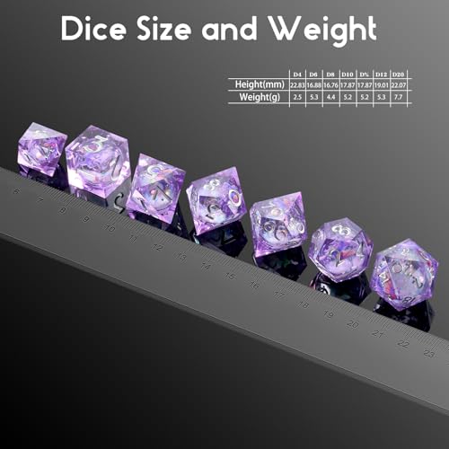 DNDND Purple Dragon Dice with Silver Numbers | Liquid Core 7-Piece Sharp Edge D&D Dice Set | Dragon Themed Collectible Metal Case | RPG Tabletop Gaming Gift - color: Liquid Dragon Purple