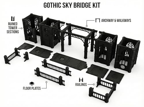 Gothic Sector Terrain Set: 28mm Scale Buildings & Scatter Terrain for 2000-Point Competitive 40k Games (Gothic Sky Bridge) - style: Gothic Sky Bridge