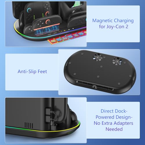 Switch 2 Charging Dock Stand with Cooling Fan,Charger for Joycons 2 and Switch 2 Pro Controller with RGB Light Storage Stand for Headset & Camera Storage Slot &7 Game Card Slots