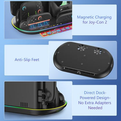 Switch 2 Charging Dock Stand with Cooling Fan,Charger for Joycons 2 and Switch 2 Pro Controller with RGB Light Storage Stand for Headset & Camera Storage Slot &7 Game Card Slots