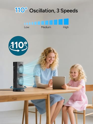 DR.PREPARE Desk Fan USB DC Tower Cooling Fan with Remote Control, DC Motor Portable Oscillating Fan, 3 Speeds, Dual Air Circulation, 110° Oscillation, Table Fan for Bedroom Dorm Room Office Desktop