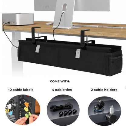 No-Drill Under Desk Cable Management Tray, 28", Black Standing Under Cable | No Drill, Fabric Cord Organizer with Reinforced Base, Clamp Mount Wire Management, For Office/Home & Standing Desk