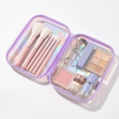 Clear Hard Shell Organizer Cases, 2 Pack | Iridescent PET shell with water-resistant, scratch-resistant surface for travel, toiletries, electronics and daily essentials - color: Purple2