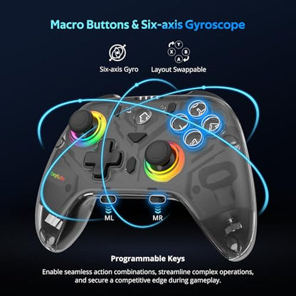 C8 PC Controller - Wireless Bluetooth Gamepad - Hall Effect Joystick RGB Backlit - 1000Hz Polling Rate -Dual Vibrate Macro Buttons for PC, Switch, Switch 2, Steam Deck, Android, iOS, MAC &Tesla Charging Dock - color: Black Transparent
