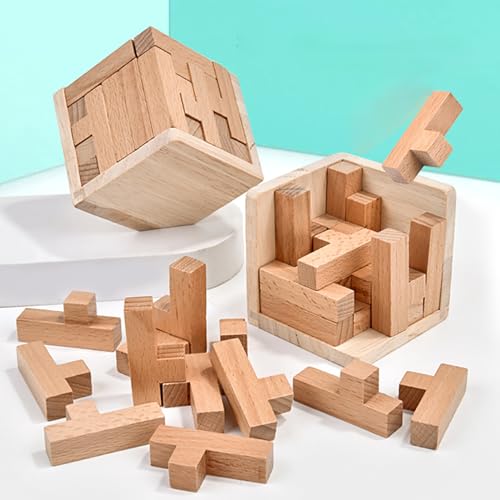 AHYUAN Wooden Brain Teaser Puzzles Cube Stocking Stuffers Wooden Puzzles T-Shaped Jigsaw Logic Puzzle Educational Games Toy for Kids and Adults (Coffee and Natural) - color: Coffee and Natural