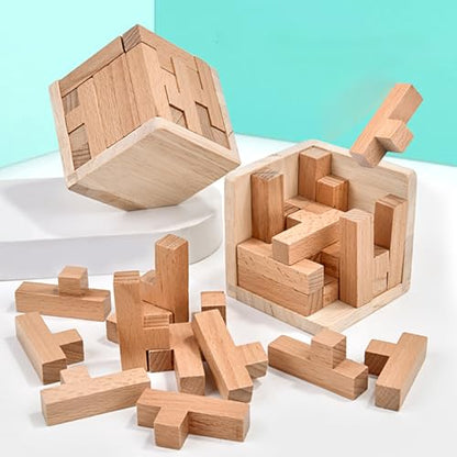 AHYUAN Wooden Brain Teaser Puzzles Cube Stocking Stuffers Wooden Puzzles T-Shaped Jigsaw Logic Puzzle Educational Games Toy for Kids and Adults (Coffee and Natural) - color: Coffee and Natural