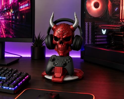 Gaming Headphone & Controller Stand Skull Design – Desk Organizer for Game Controllers & Headsets – 3D Printed Gamer Decor Gift