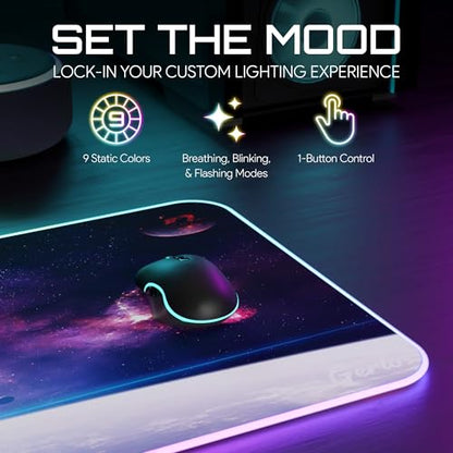 Gerlos RGB Gaming Mouse Pad, Large LED Desk Mat, 31.5 x 11.8 Inch | 12 light modes, non-slip base, water-resistant surface, stitched edges - color: Space