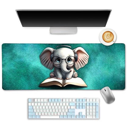 LIMKRIAN Elephant Large Mouse Pad Desk Matt for Desktop, 31.5x11.8 in, XL | Stitched Edges, Waterproof Surface, Non-Slip Rubber Base, Cute Desk Accessories For Office Home, Cute Keyboard and Mouse Pad - color: Cute Elephant 02