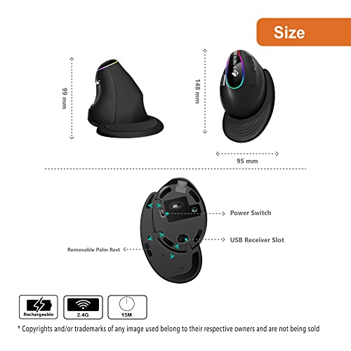 J-Tech Digital Ergonomic Mouse with Wireless Connection, Removable Palm Rest, Thumb Buttons, Rechargeable Battery, 800 DPI, Compatible with Windows and MAC OS - style: Wireless