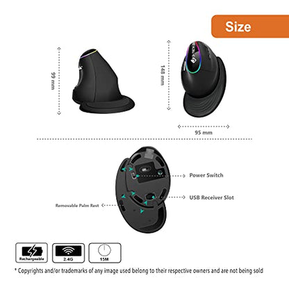 J-Tech Digital Ergonomic Mouse with Wireless Connection, Removable Palm Rest, Thumb Buttons, Rechargeable Battery, 800 DPI, Compatible with Windows and MAC OS - style: Wireless
