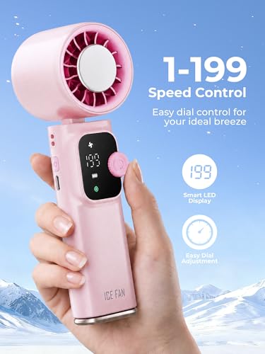 Portable Handheld Turbo Fan with Cooling Plate, 1-199 Speeds, LED Display | 4000mAh USB-C rechargeable battery, 15000 RPM motor, neck and desk modes for travel, office and camping - color: pink