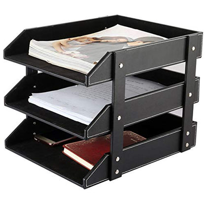 Leather Desk File Organizer, 3-Layer Stackable Tray, Used to Store documents, folders, Stationery, Magazines, Newspapers, Letters, and Other Home Office Sundries Desktop Organization Holder(Black)… - color: Black