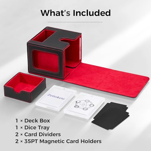 MTG Commander Deck Box with Dual Display Windows and Dice Tray | Fits 100 Double-Sleeved Cards, PU Leather, 2 Magnetic Card Holders, 2 Dividers, Black & Red - color: 2. Black & Red