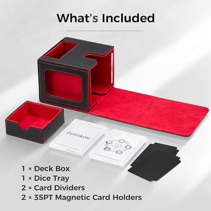 MTG Commander Deck Box with Dual Display Windows and Dice Tray | Fits 100 Double-Sleeved Cards, PU Leather, 2 Magnetic Card Holders, 2 Dividers, Black & Red - color: 2. Black & Red