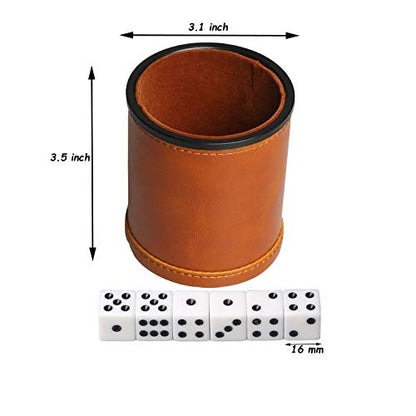 Leatherette Dice Cup with Lid Includes 6 Dices, Velvet Interior Quiet in Shaking for Liars Dice Farkle Yahtzee Board Games, Brown - color: Brown-1