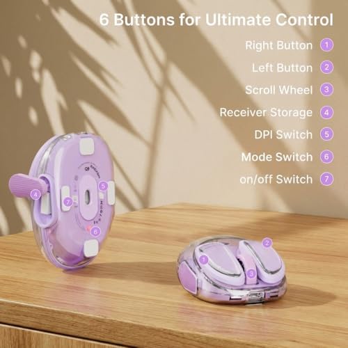 SEUNKWANG Q9 Transparent Wireless Mouse with RGB Lighting, Compact Multi-Device Bluetooth & 2.4G Computer Mouse, Rechargeable, Quiet Clicks, 4800 DPI Cute Mice for Laptop, PC, Mac, iPad - Purple - color: Purple
