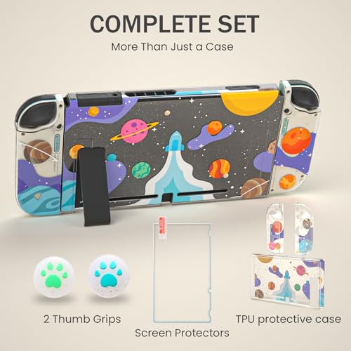 Clear Case for Nintendo Switch 2017, Screen Protector, Thumb Grips, Rocket | Nintendo Switch 2017 case with soft TPU shell, 2 thumb grips and clear glitter design for everyday scratch protection - color: Rocket