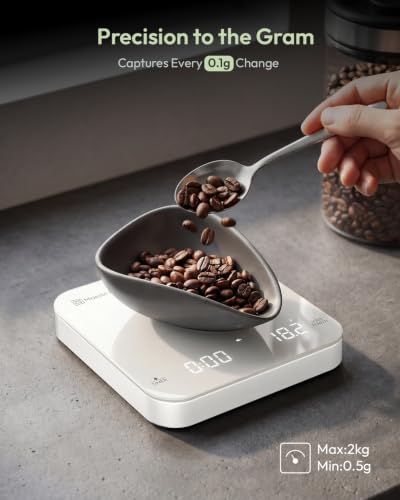 Maestri House S2 Espresso Coffee Scale with Timer 0.1g Precision Shot Scale | USB-C Rechargeable, Dual Timing Modes, 2kg/0.1g Digital Scale with Borosilicate Glass Top for Espresso and Pour-Over Brewing - color: White
