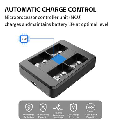 9V 450mAh Li-ion Rechargeable 4-Pack with 4-Slot Charger | 4-Slot Smart Charger, Independent Charging, MCU Protection, for Mics/Multimeters/Alarms, 1200 Cycles