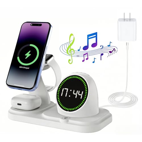 6‑in‑1 Wireless Charging Station with 30W Adapter, Blue-Tooth Speaker, Auto‑Sync Clock & RGB Night Light, Compatible with iPhone 12‑17/AirPods/Apple Watch and Select Android (Qi + Magnetic Required) - color: White