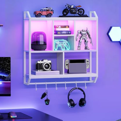 HOOBRO Gaming Floating Shelves with LED Lights, 28.7" LED Wall Mounted Shelf, 3-Tier Display Rack for Wall Storage, Floating Rack with Hanging Rod and 6 S-Hooks, for Gaming Room, White WT70DBJ01 - color: White