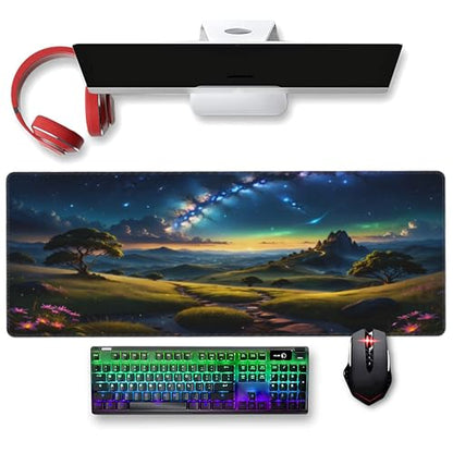 XXL Gaming Mouse Pad 35.4x15.7 inch, Starry Mountain Path Landscape Theme Desk Mat,Large Green Meadow Flower Scene Mousepad (Green Meadow) - color: Green meadow