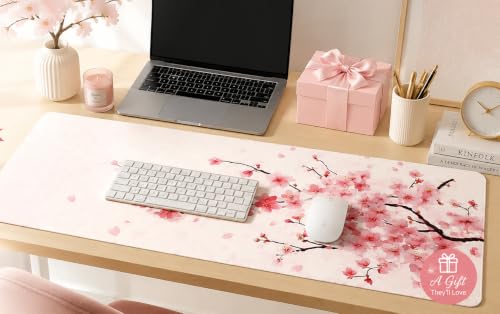 Cherry Blossom Desk Mat, Large Pink Sakura Mouse Pad with Stitched Edges, Non-Slip Rubber Base, 31.5 x 11.8 Inch - color: Pink Cherry Blossom